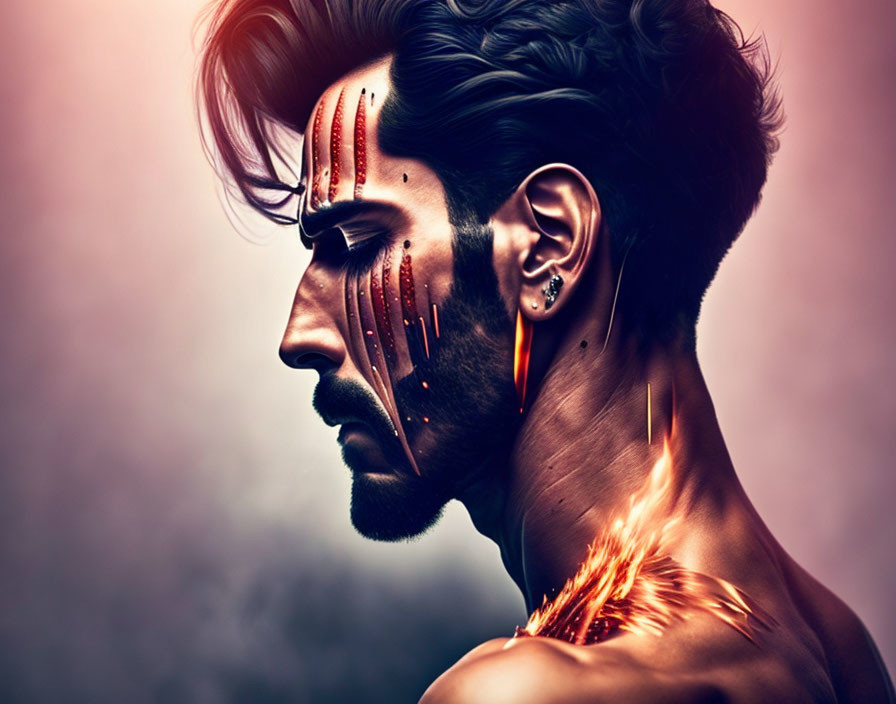 Profile view man with fiery digital art effects for an intense appearance