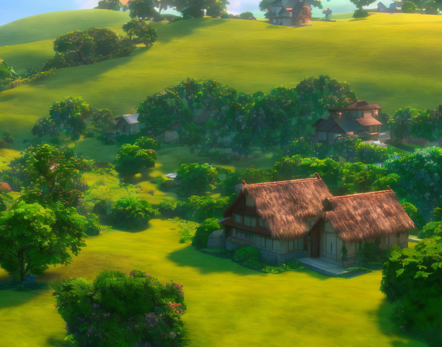 Thatched-Roof Houses in Green Countryside Setting