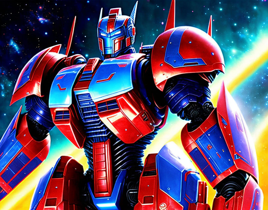 Vibrant robot with blue and red armor in cosmic starry background