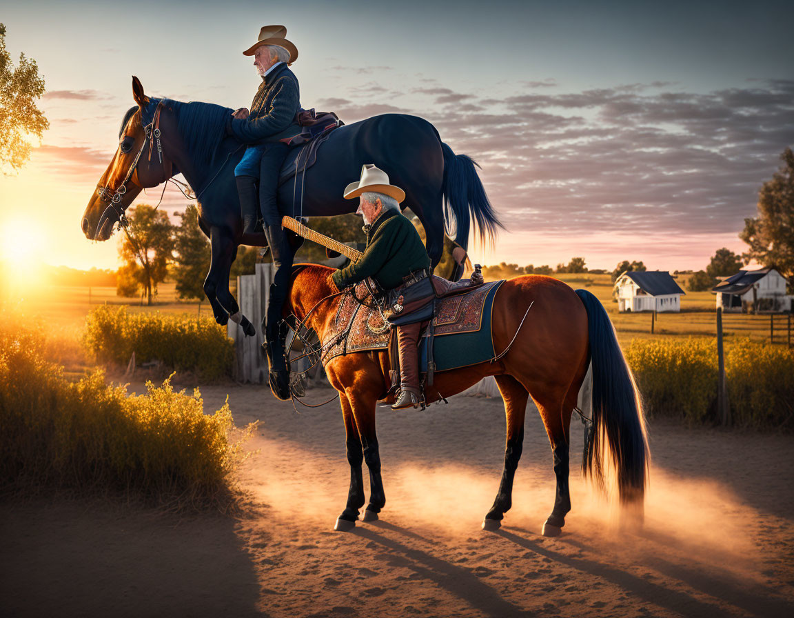 Two cowboys on horses at sunset in serene rural scene