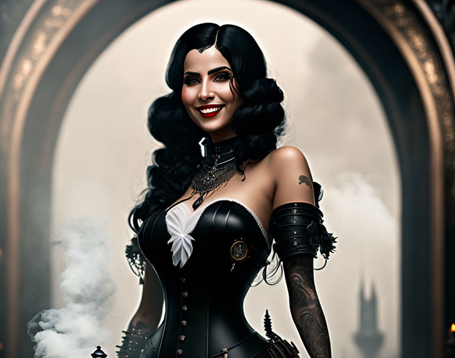 Dark-haired woman in gothic attire with tattoos smiling by arched window and misty castle spires