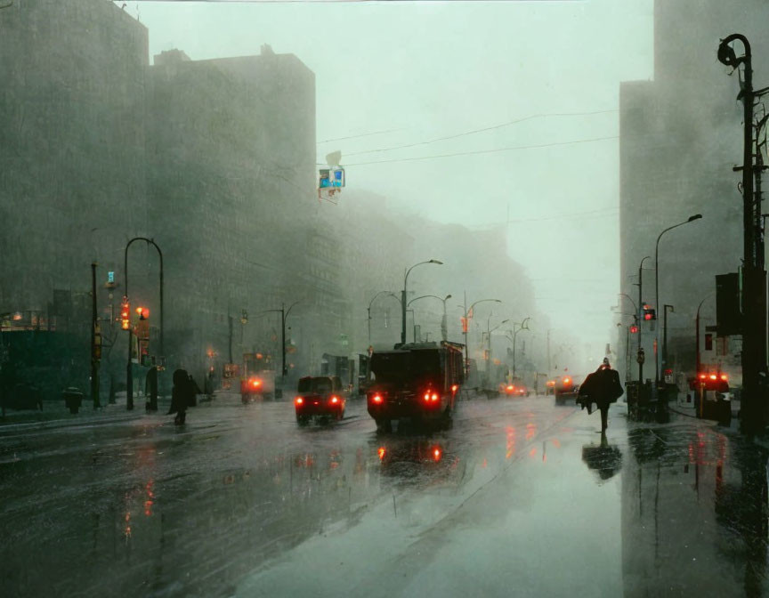 City street scene with cars, traffic lights, pedestrian, and misty ambiance