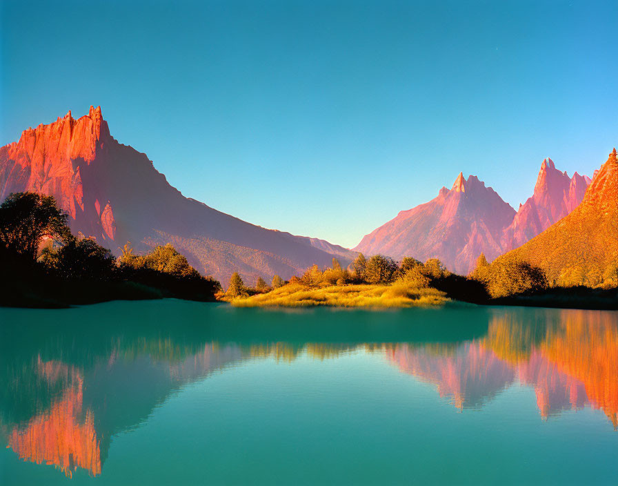 Tranquil Lake Mirroring Red Mountain Range at Dusk or Dawn