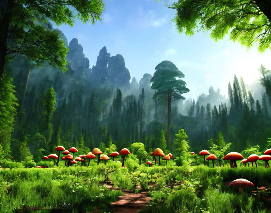 Misty forest scene with towering trees and red-capped mushrooms