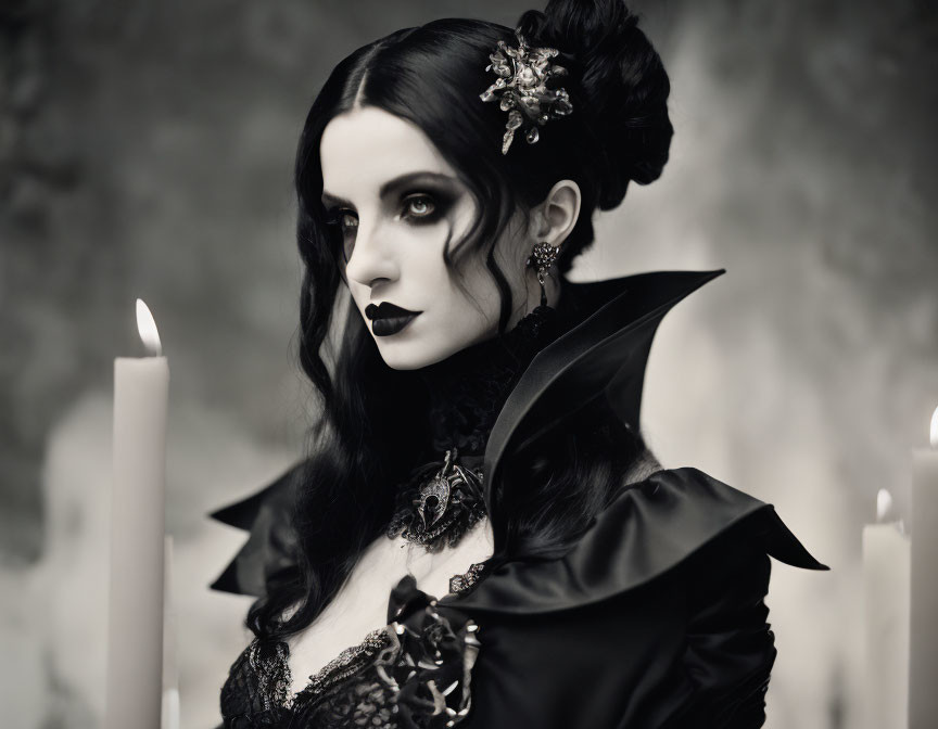 Gothic-inspired woman with floral hair accessories and candles in grayscale.