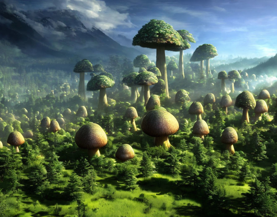 Enchanted forest with oversized mushroom trees, misty ground, mountains backdrop