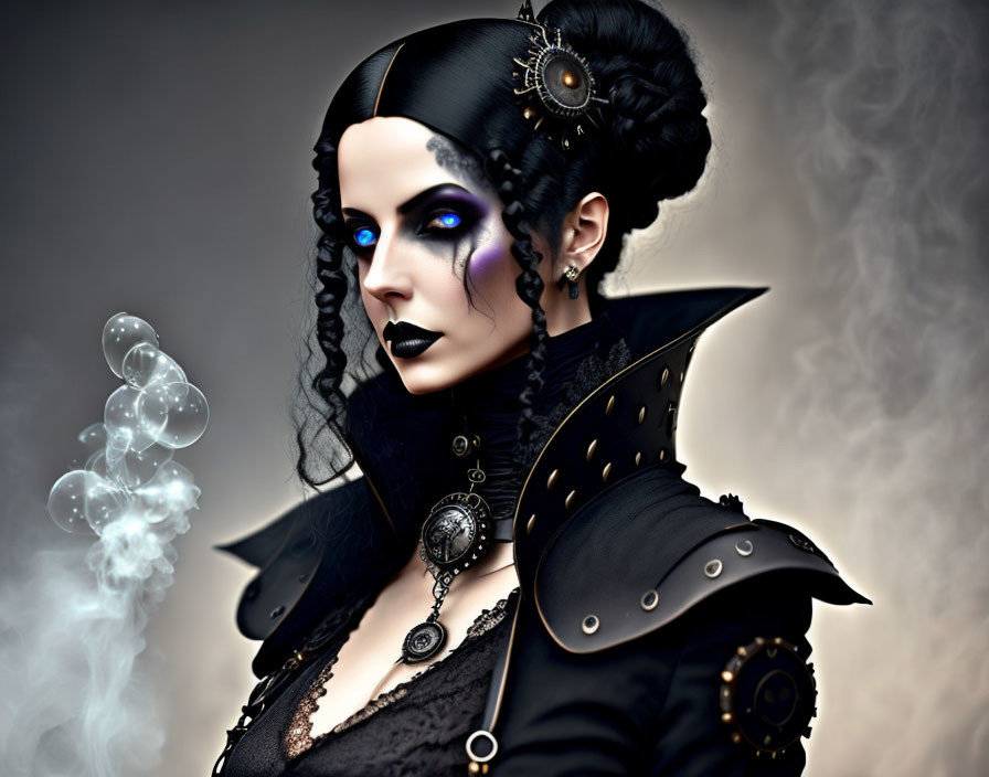 Gothic woman in black attire with blue eye makeup and ornate jewelry surrounded by swirling smoke