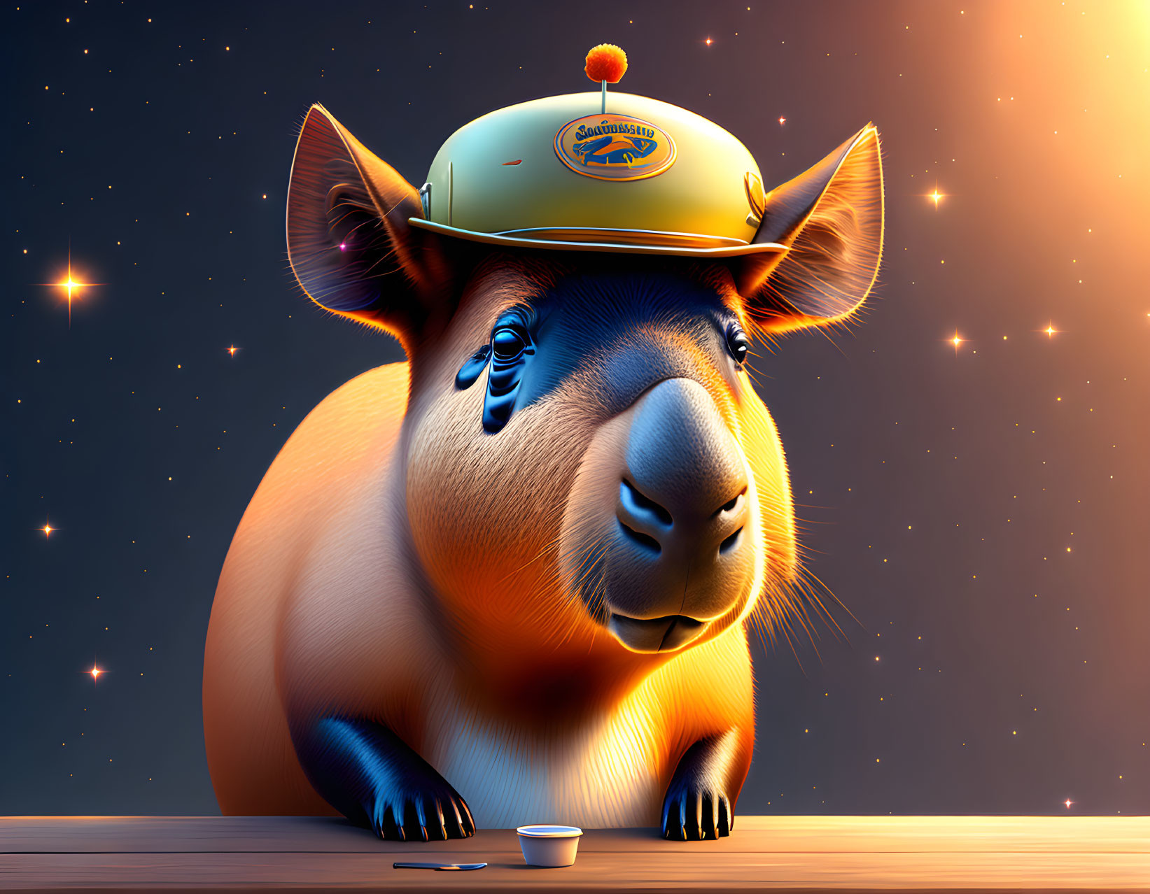 Capybara in Safari Hat with Teacup Under Starry Night Sky