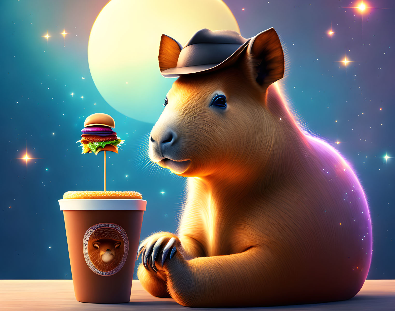 Stylized capybara in fedora hat with burger and coffee cup in cosmic setting