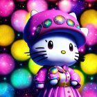 Vibrant Hello Kitty in Purple Striped Outfit with Glowing Orbs