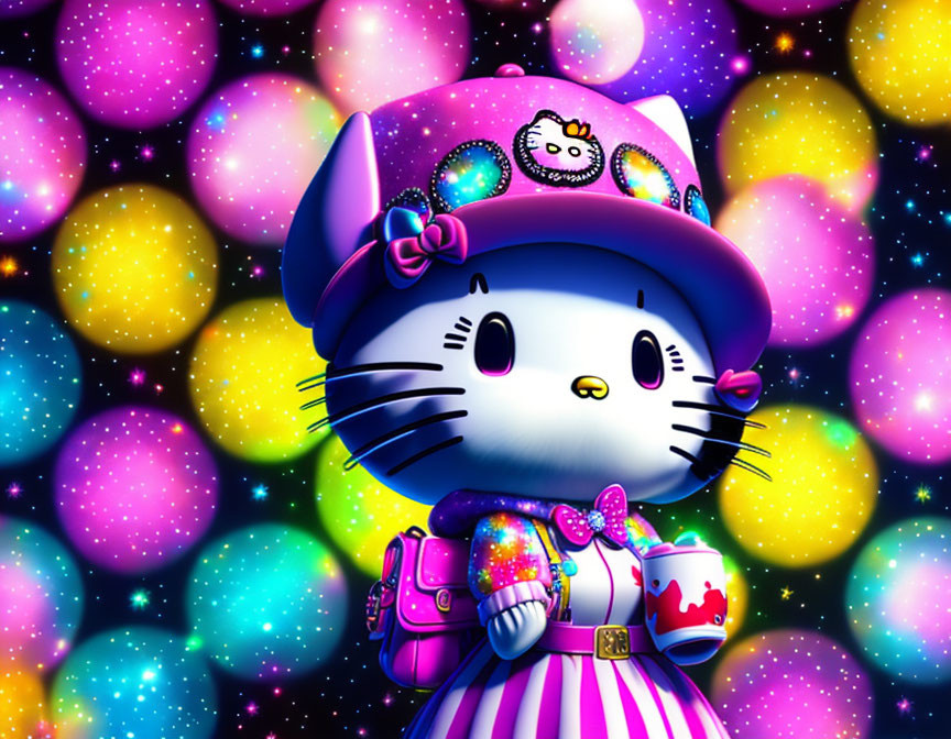 Vibrant Hello Kitty in Purple Striped Outfit with Glowing Orbs