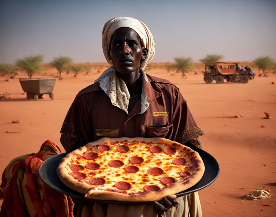 Person in desert attire holding pepperoni pizza in barren landscape with cart and sparse vegetation.