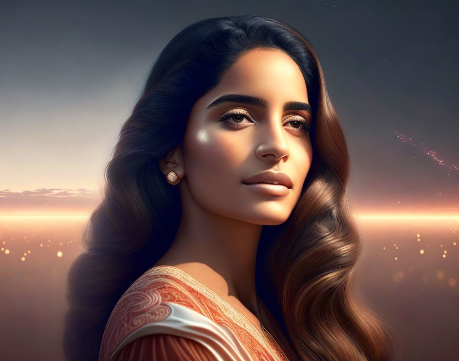 Woman with Long Wavy Hair and Serene Expression at Sunset