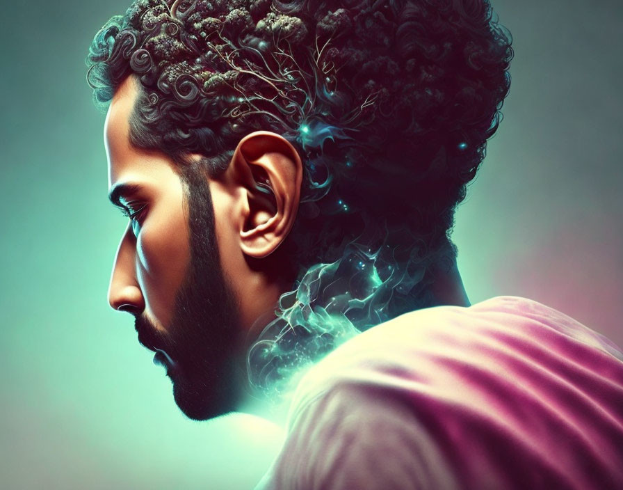 Man with Curly Hair and Beard in Side Profile with Blue Smoke Effects on Colorful Background