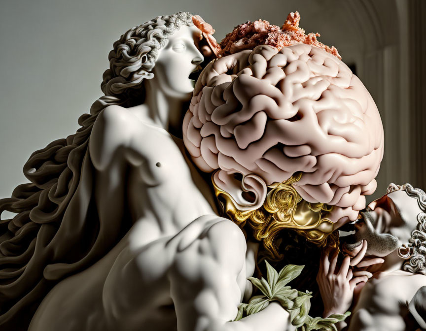 Surreal sculpture blending classical forms with brain details