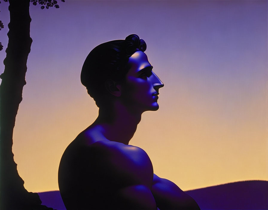 Shirtless man in profile with purple and orange gradient background and tree silhouette