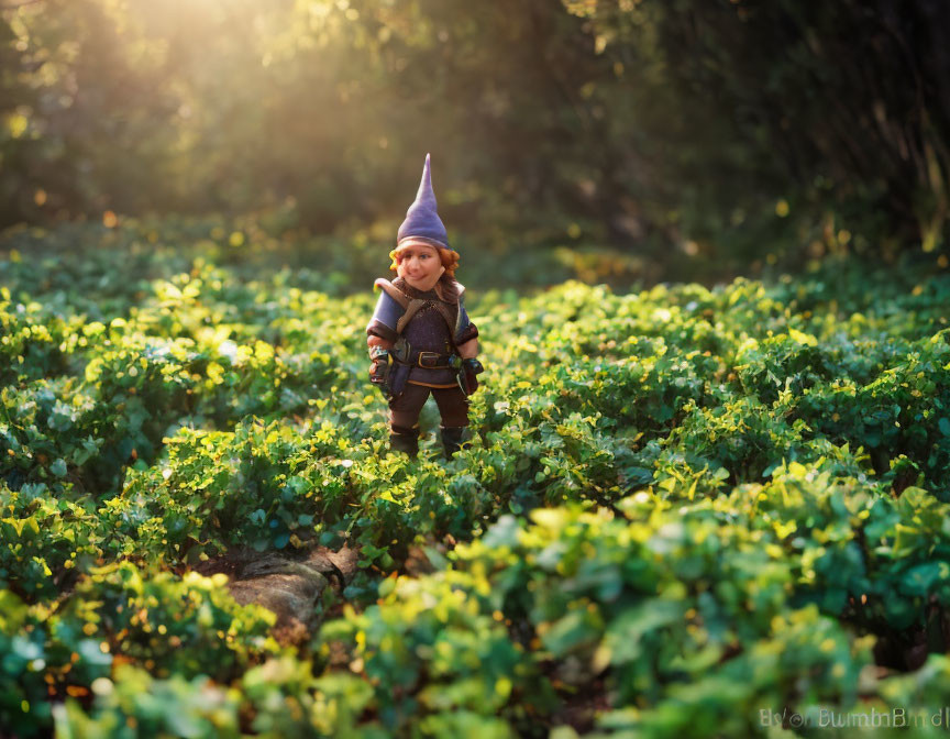 Fantasy-inspired gnome or dwarf figurine in lush green foliage