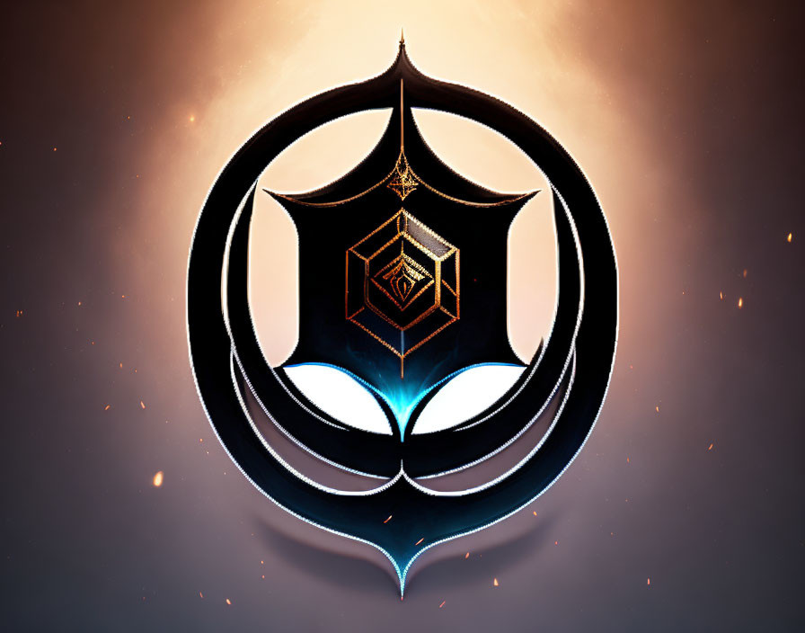 Stylized emblem with black crescent, white glow, golden shape on orange background