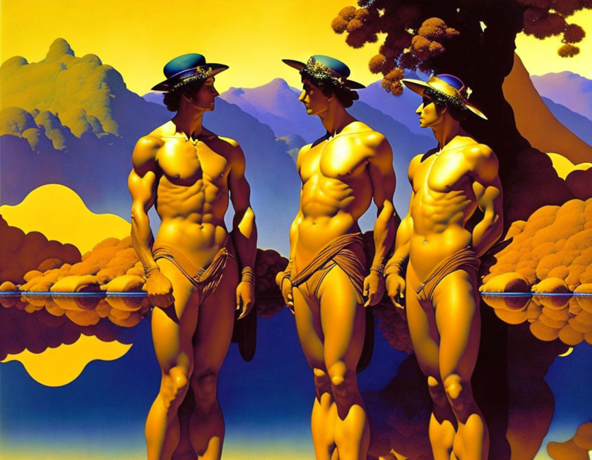 Three golden muscular figures in futuristic hats against yellow and blue landscape