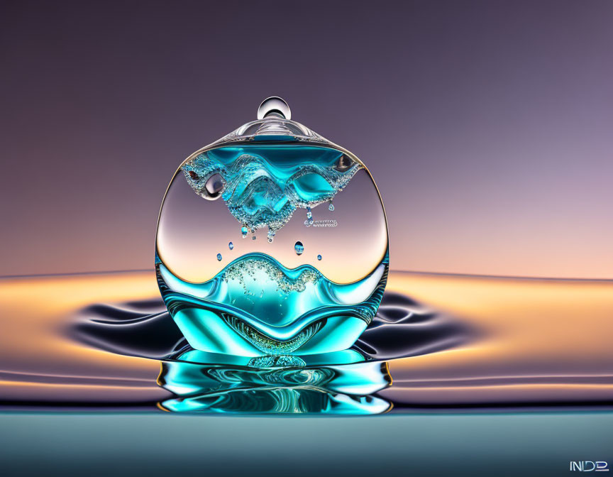 Frozen crystal-clear water droplet mid-splash with purple to orange light reflections