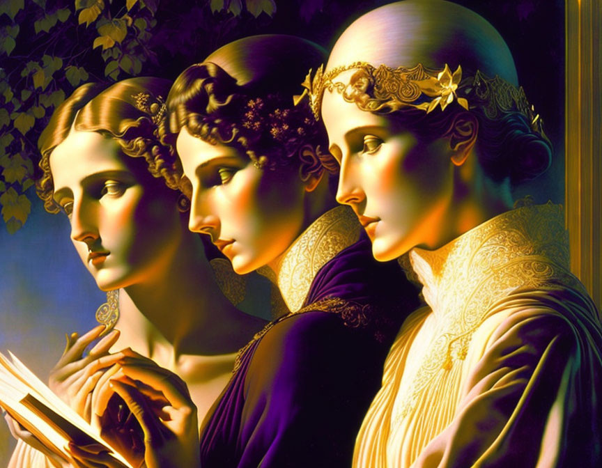 Three women in classical attire with Art Nouveau style headpieces against golden backdrop