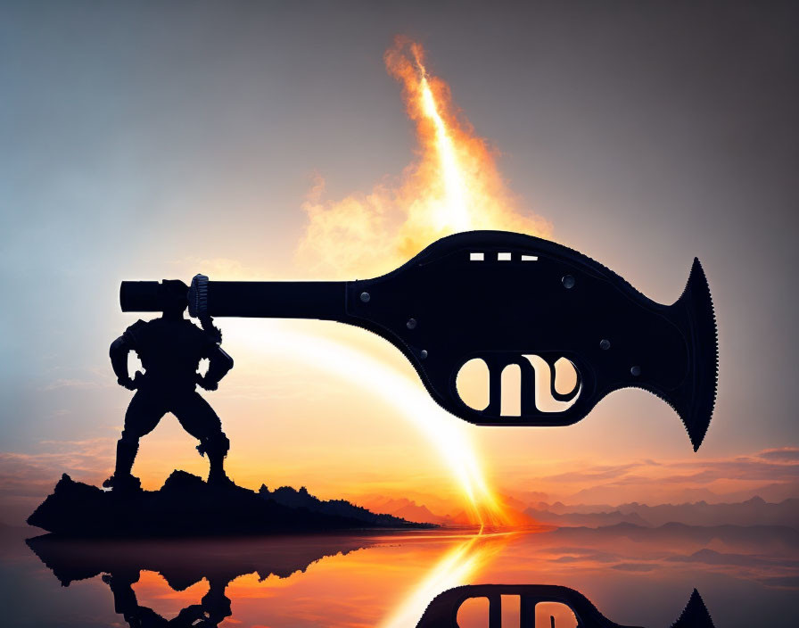 Warrior silhouette with large axe against sunset reflection