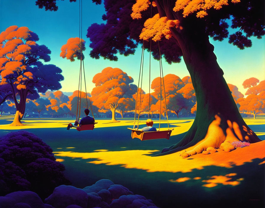 Colorful painting: Two people on swings by a large tree in a whimsical setting.