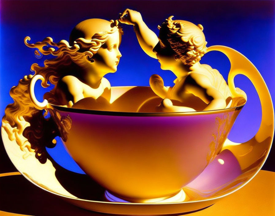 Cherub-like figures in golden cup on blue background