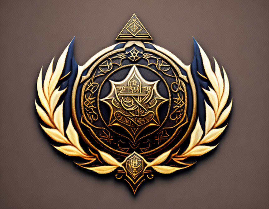 Intricate gold and silver emblem with dark shield, geometric designs, golden wings, and triangle.