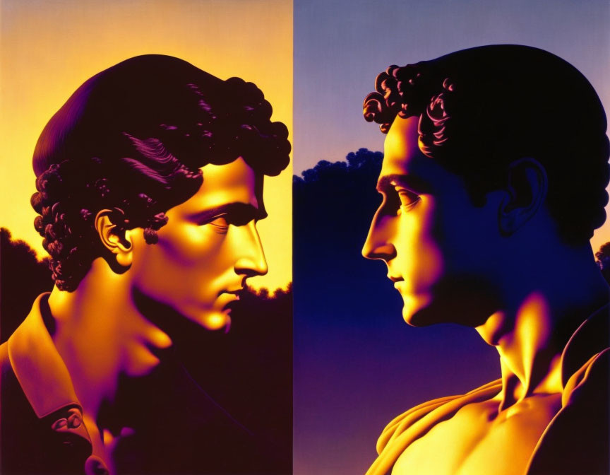 Stylized male bust portraits in warm and cool tones