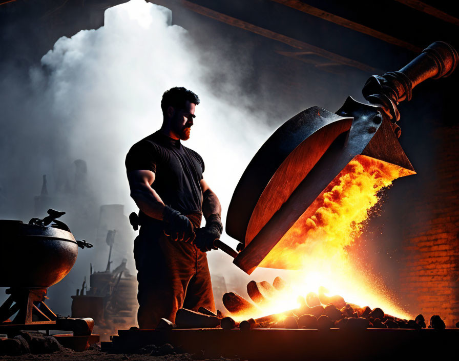 Muscular person working in forge with molten metal, anvil, tongs, and flames in