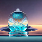 Frozen crystal-clear water droplet mid-splash with purple to orange light reflections