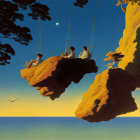 Children on oversized swings under sunset sky with seascape and flying birds