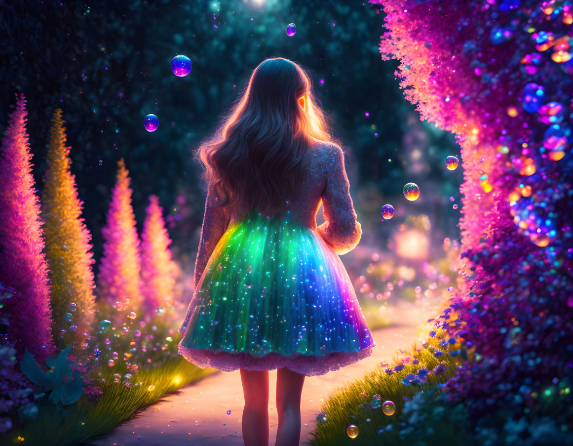 Girl in Sparkling Dress in Enchanted Garden with Glowing Flowers