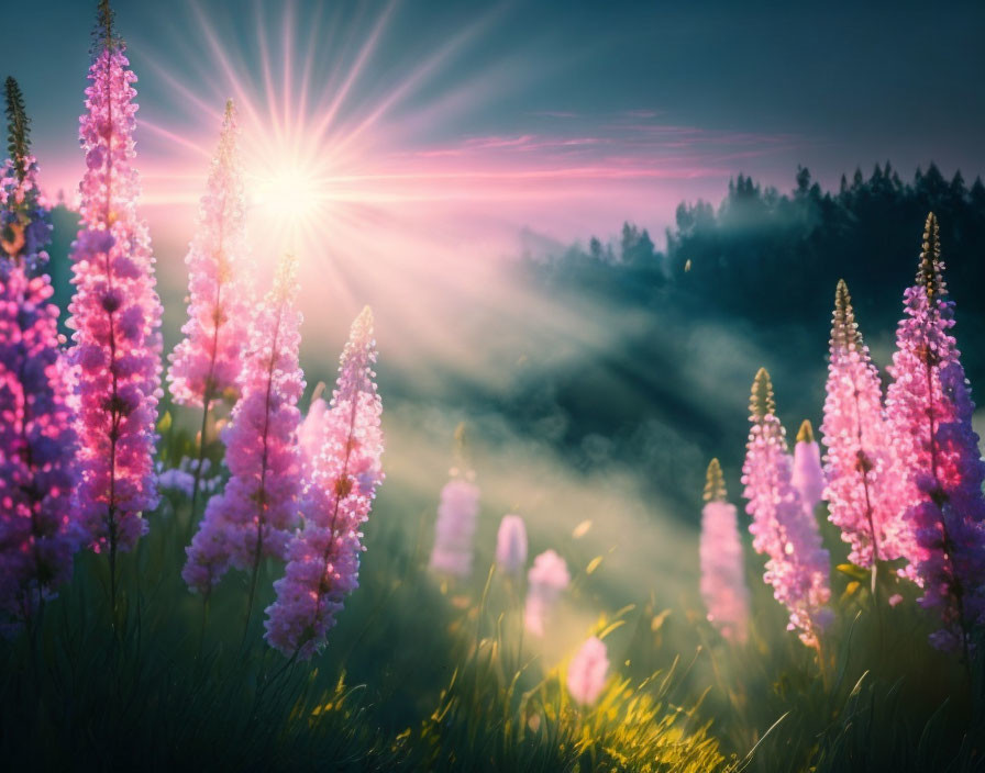 Misty field at sunrise with vibrant purple flowers