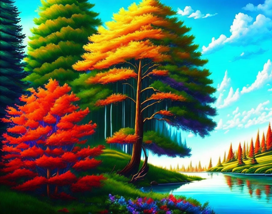 Colorful Trees and Calm Lake in Surreal Landscape