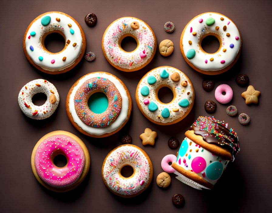 Variety of Decorated Desserts on Dark Surface with Sprinkle-topped Mini Cake