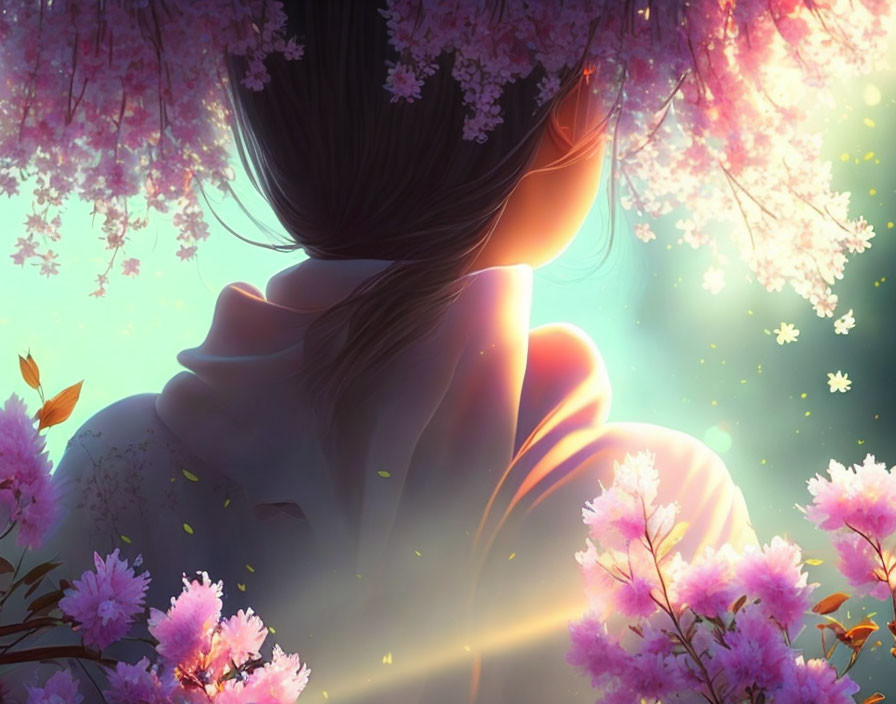 Person surrounded by pink cherry blossoms in ethereal light and falling petals