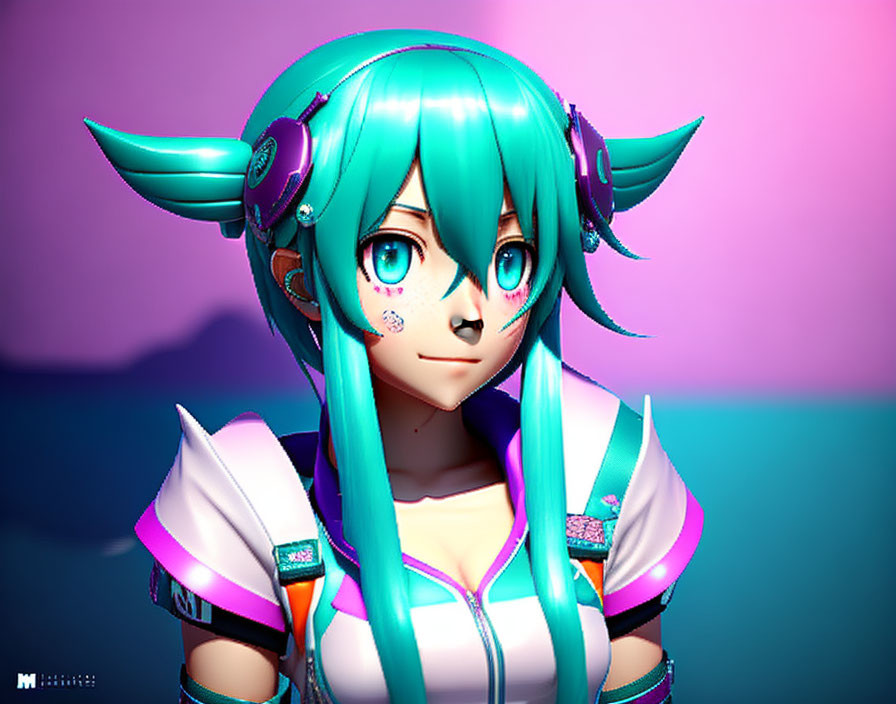 Vibrant turquoise hair, green eyes, futuristic attire on 3D character