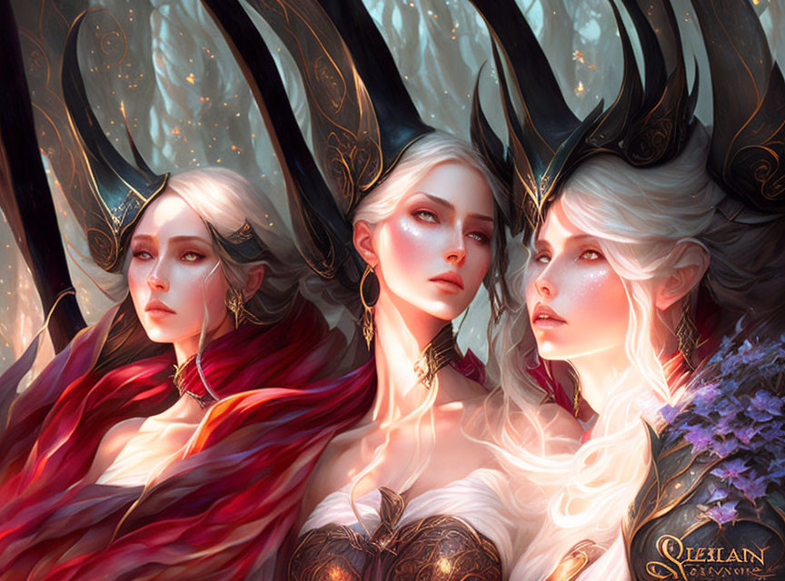 Ethereal women with antler-like horns in mystical forest setting