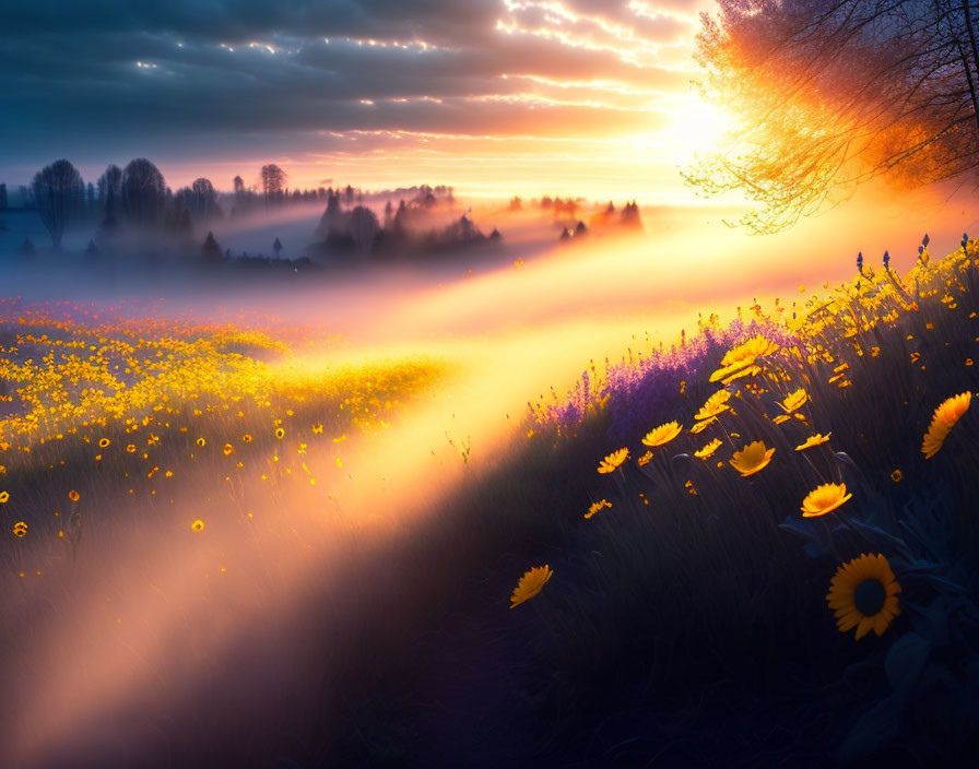 Scenic Misty Sunrise Over Meadow with Yellow Flowers