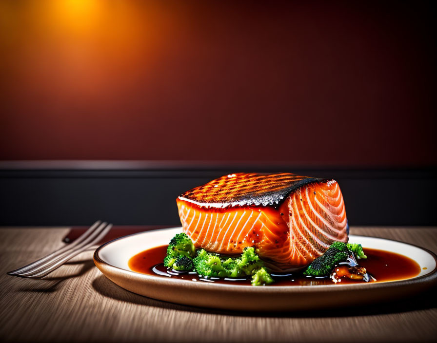 Grilled Salmon Fillet with Charred Surface and Broccoli on Plate with Sauce