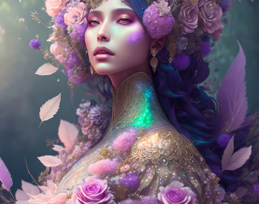 Surreal portrait of woman with floral adornments and iridescent skin