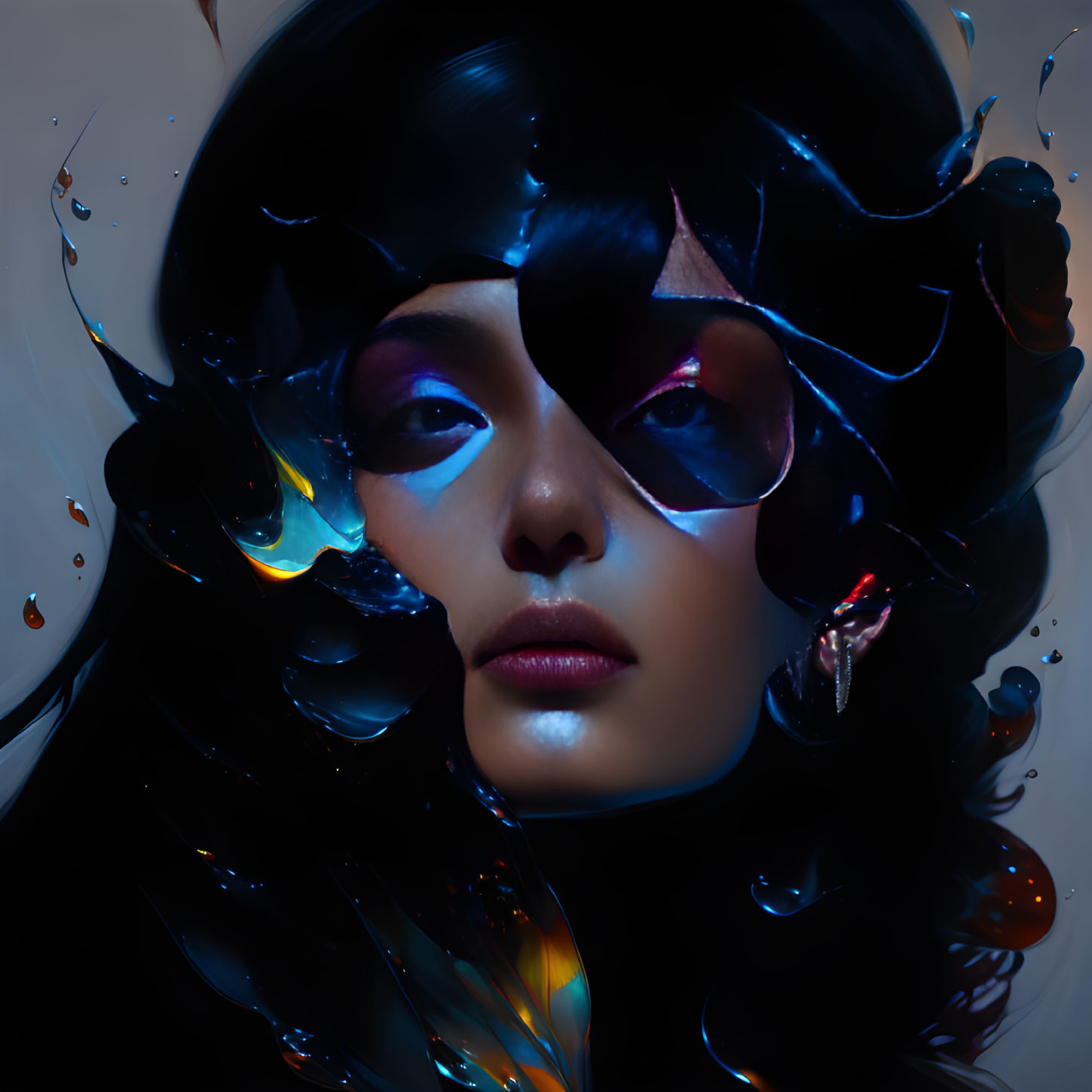 Surreal portrait of woman with dark flowing hair and vibrant makeup in blue and purple hues