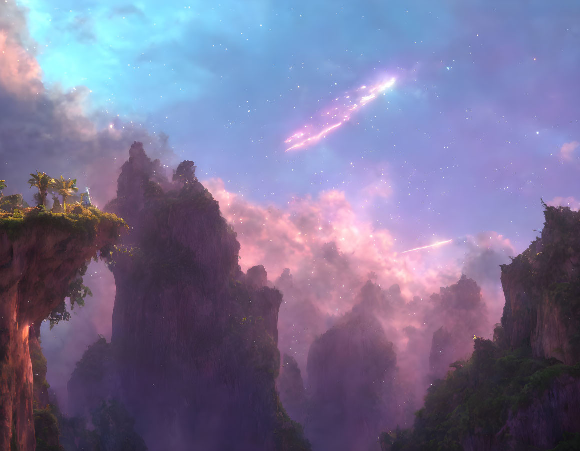 Starry sky and nebula over jungle rock formations at twilight