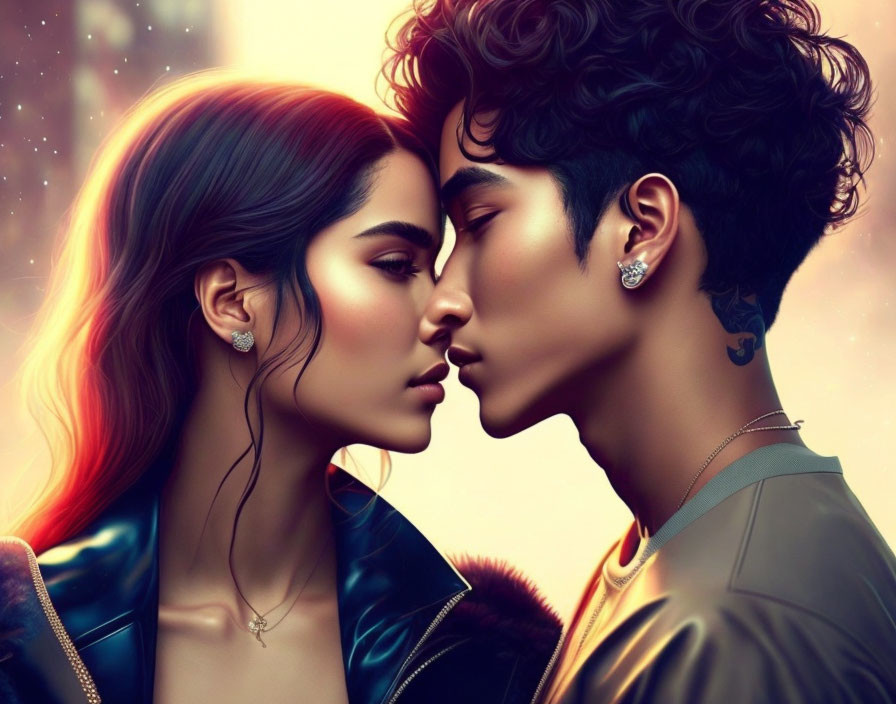 Detailed illustration of young couple in warm lighting