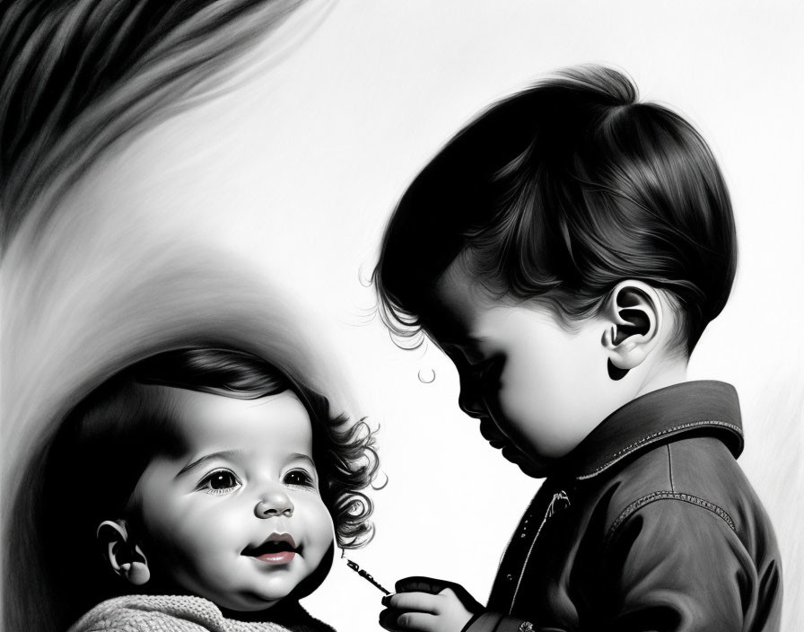 Monochrome illustration of two children with contrasting expressions