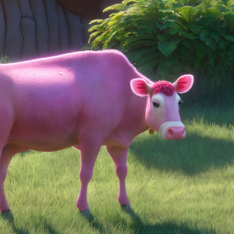 Pink cow with floral headpiece on grass with wooden fence