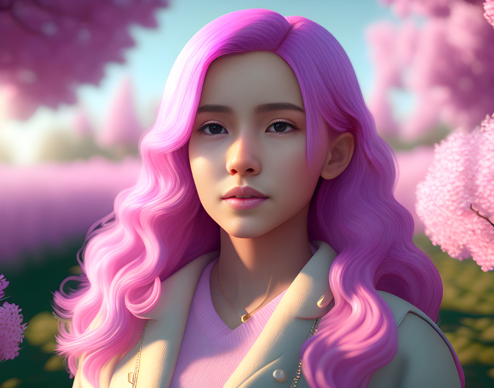 Realistic woman with bright pink hair in serene pink blossom setting