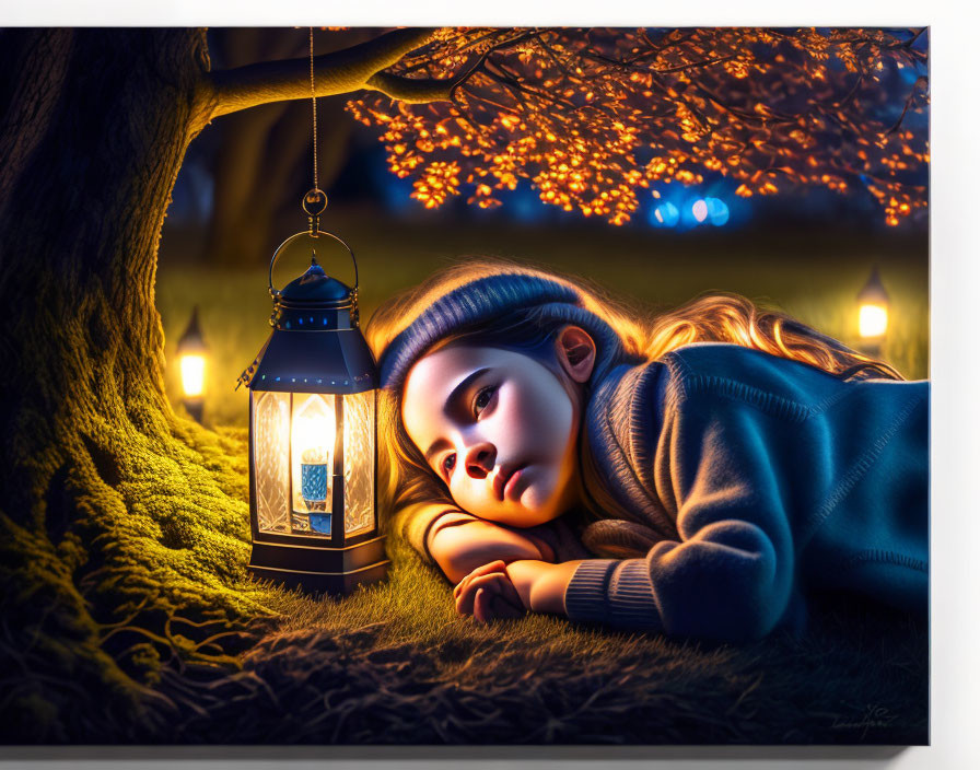 Young girl admiring glowing lantern under tree at night